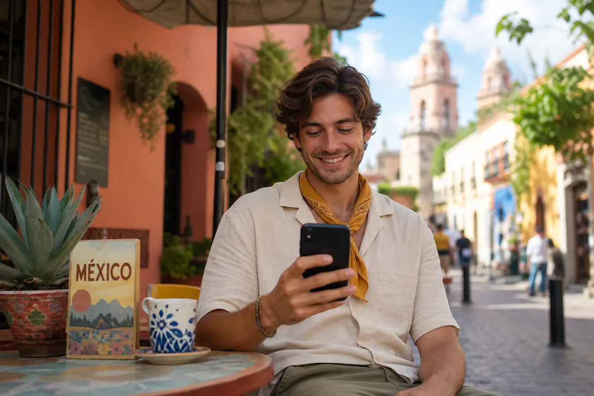 Voyageur connecté au Mexique gérant son forfait eSIM sur smartphone.