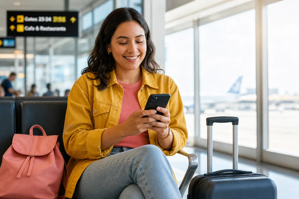 Voyageur configurant son eSIM sur smartphone pendant une escale à l'aéroport