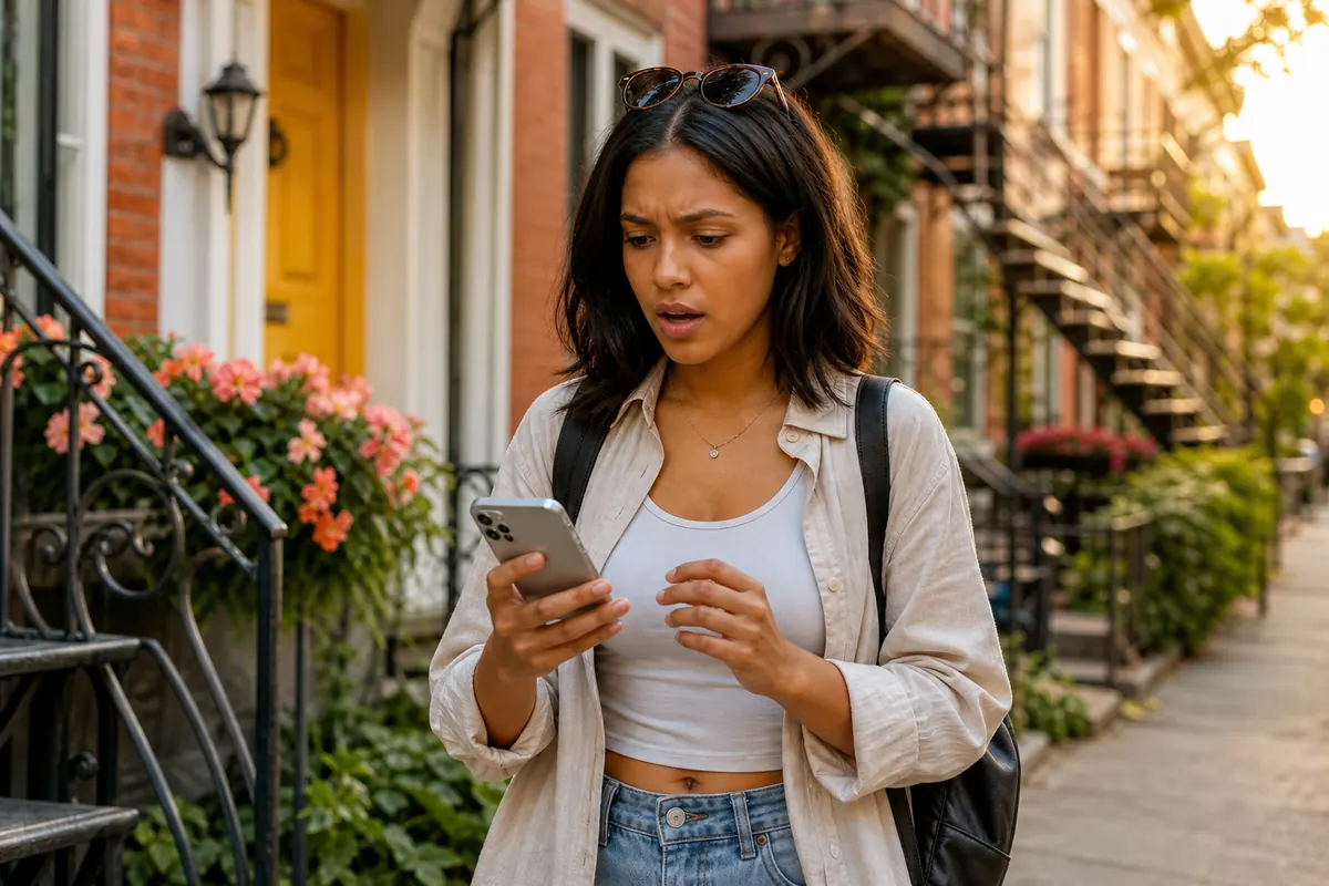 Surprised young traveler looking at their smartphone in Plateau-Mont-Royal, Montreal.