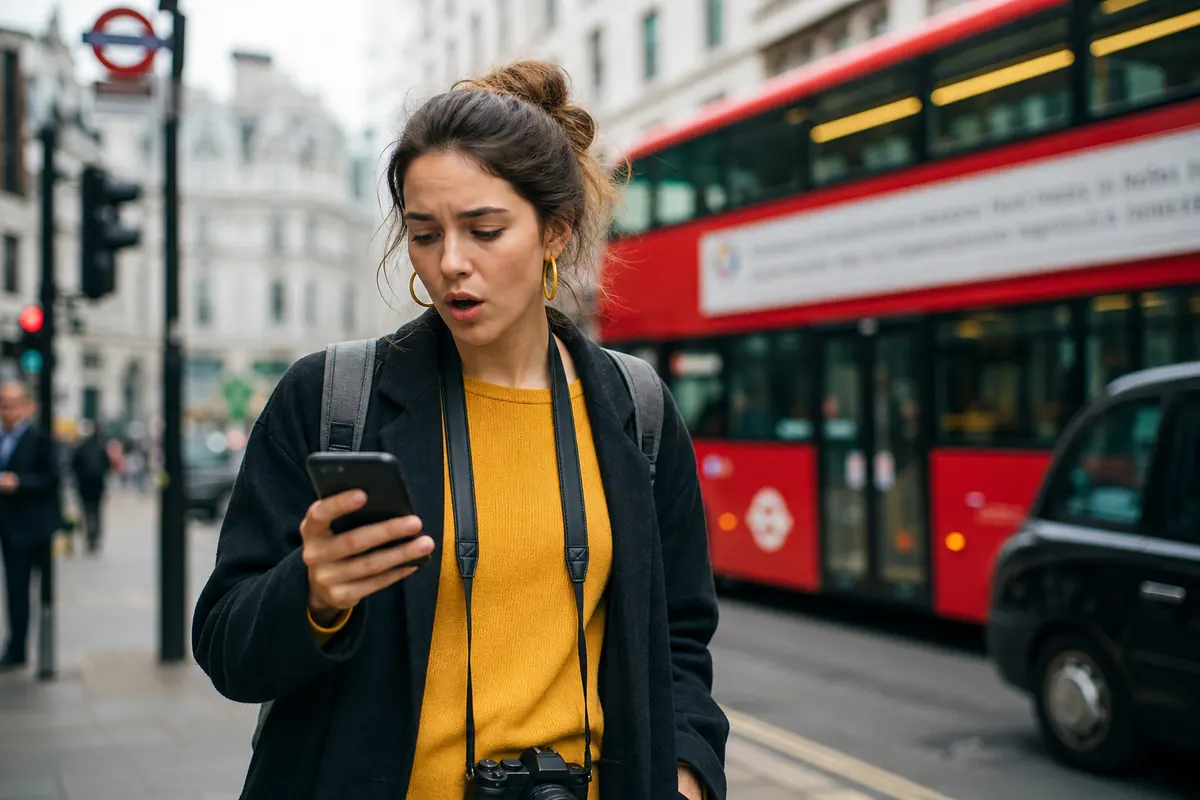 Étudiant inquiet regardant son smartphone devant un bus rouge à Londres