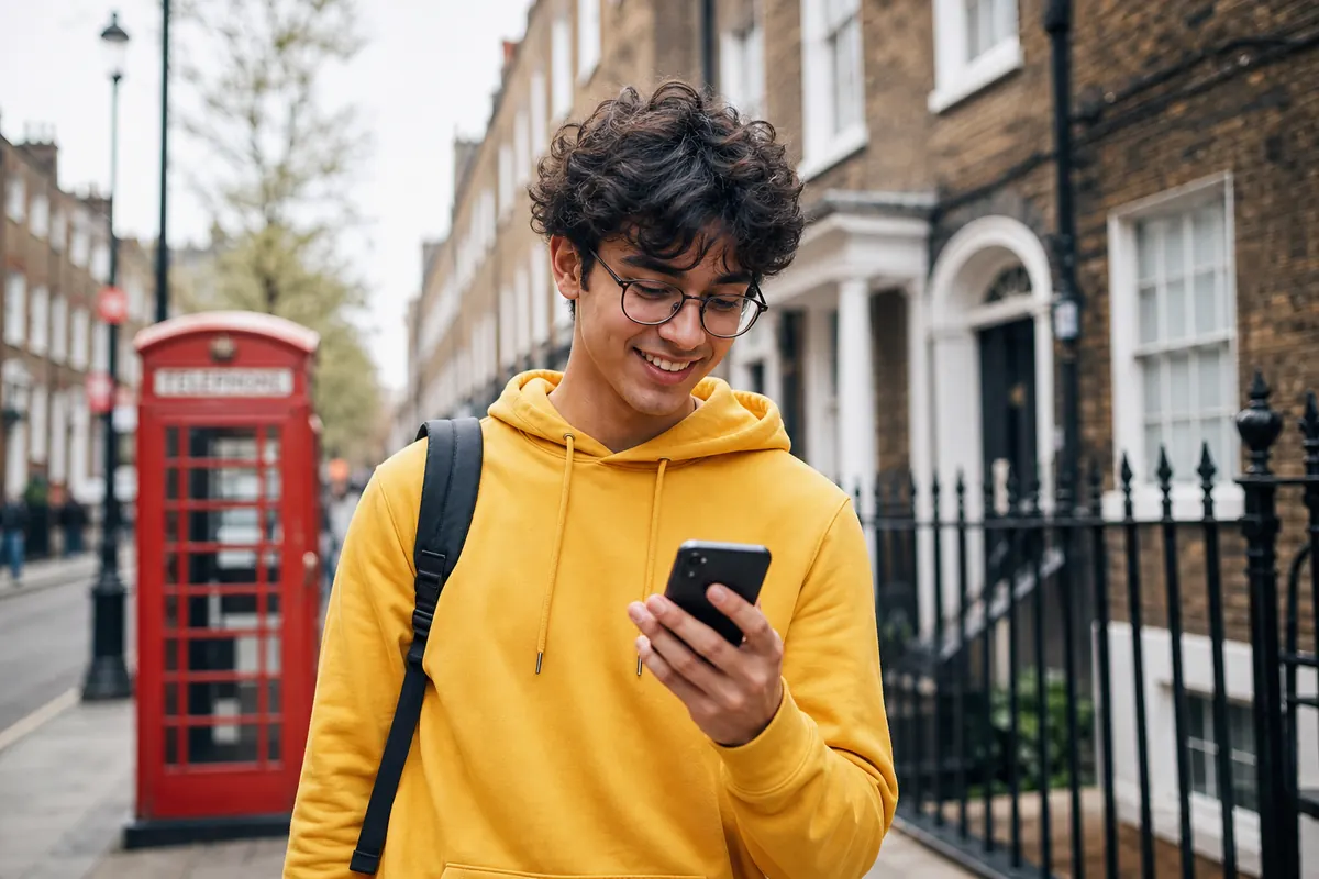 Étudiant Erasmus utilisant son smartphone sans stress au Royaume-Uni.