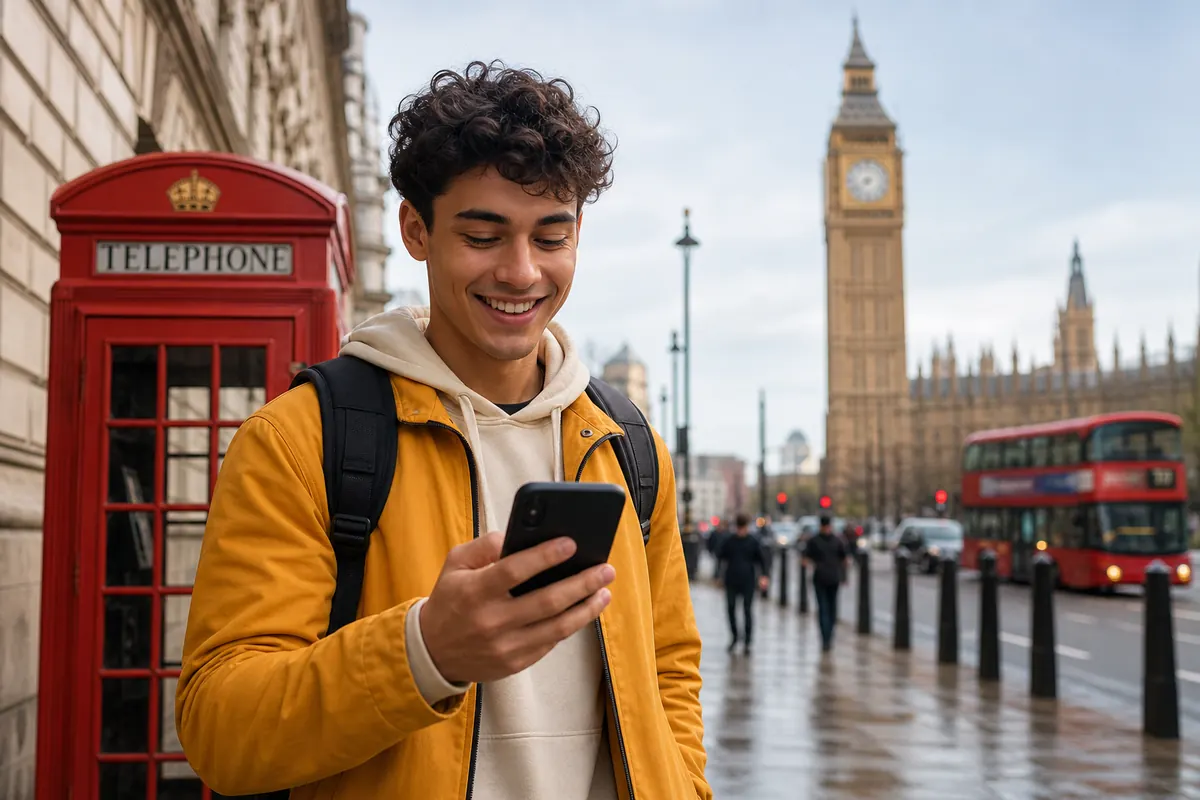 Étudiant voyageur utilisant son smartphone connecté à internet dans Londres.