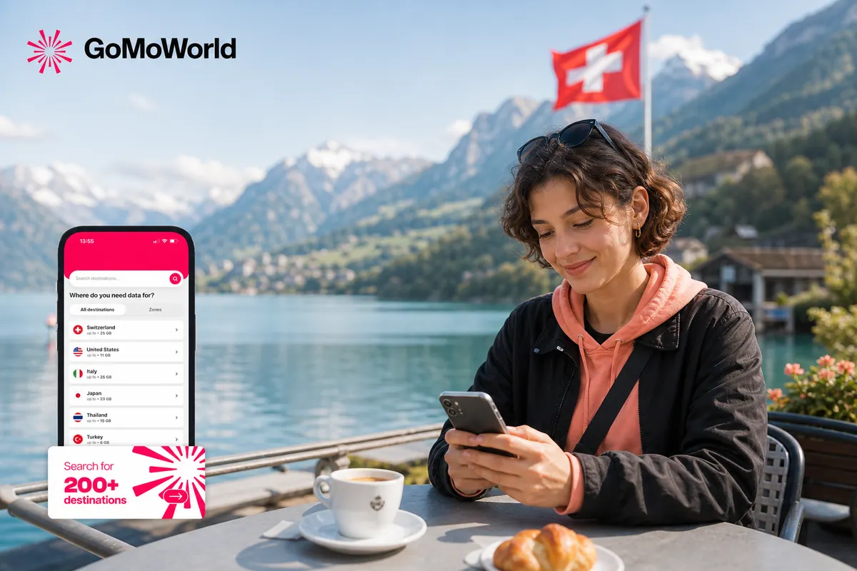 Voyageur utilisant son smartphone pour gérer sa connexion internet en Suisse.