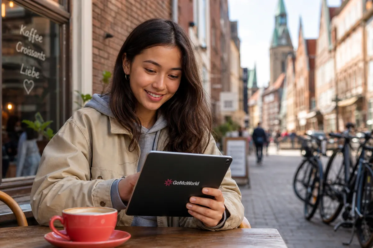Student in Germany easily setting up their eSIM plan on an iPad.