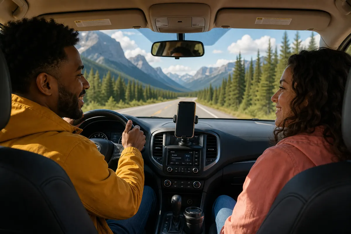 Smartphone sur tableau de bord lors d'un road trip au Canada