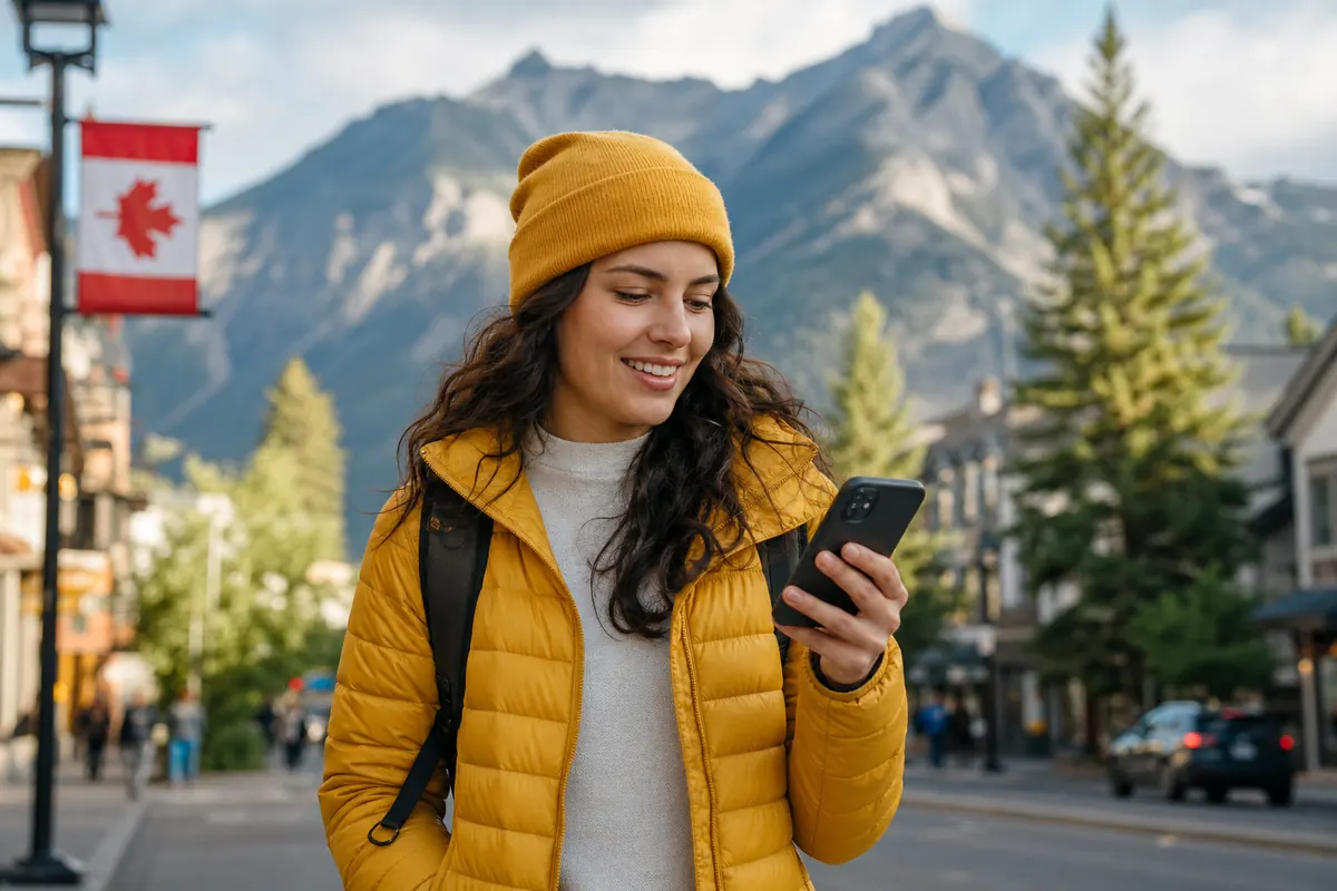 Voyageur au Canada utilisant son smartphone pour activer l'eSIM GoMoWorld.