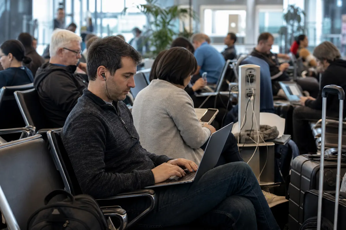 Voyageur frustré par un problème de connexion WiFi à l'aéroport.