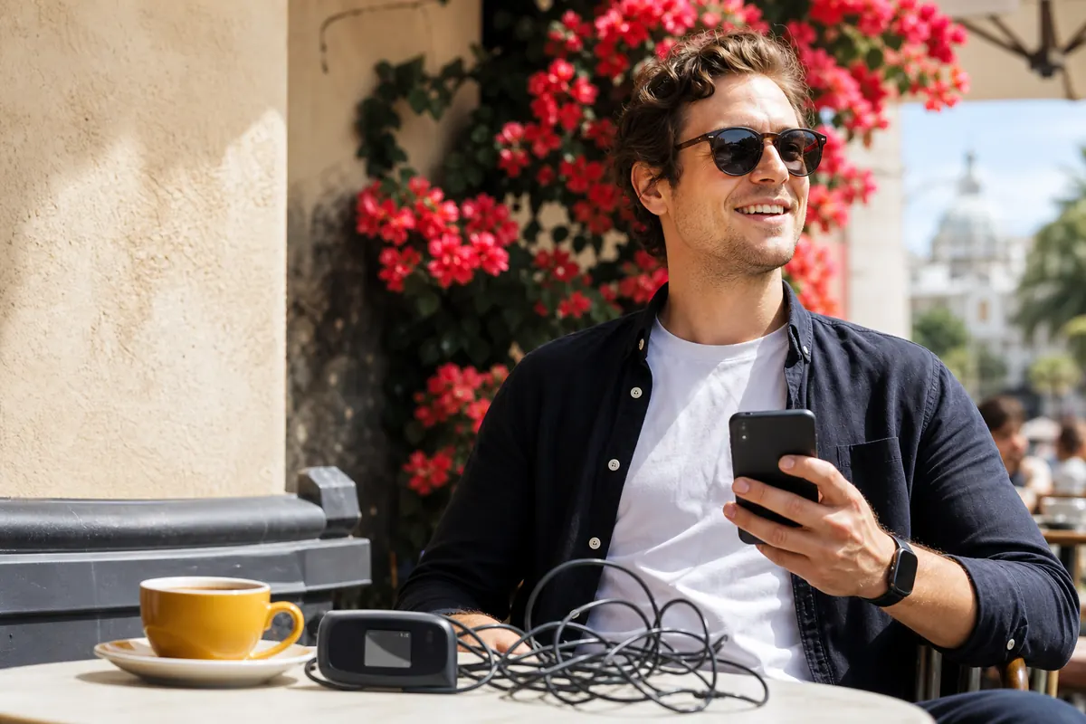 Voyageur d'affaires utilisant une eSIM sur smartphone, sans pocket WiFi encombrant.