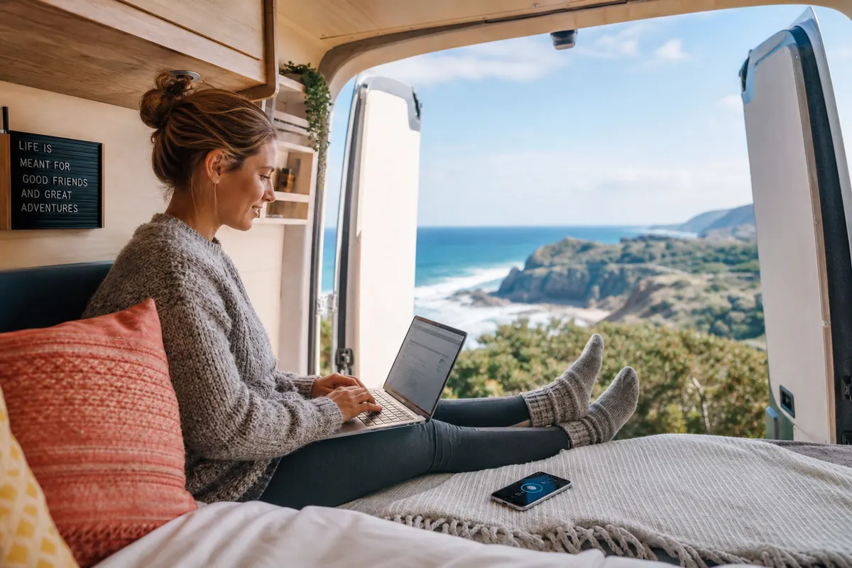 Traveler working on a laptop in a van via mobile hotspot connection.
