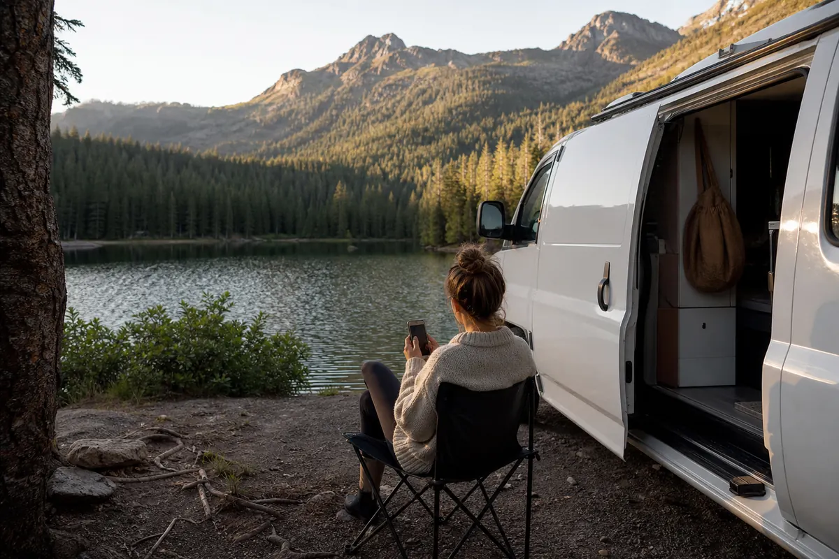 Traveler on a campervan road trip using their smartphone to connect online.