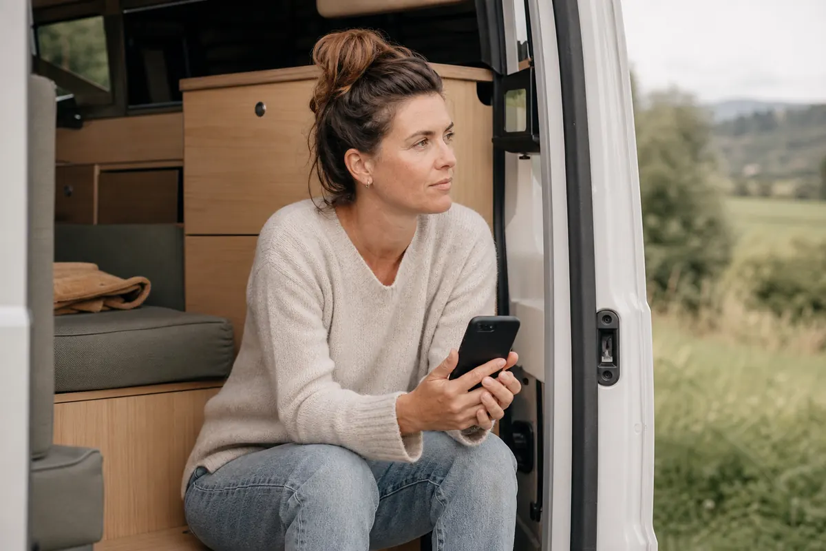 Smiling traveler using their smartphone outside a campervan surrounded by nature.