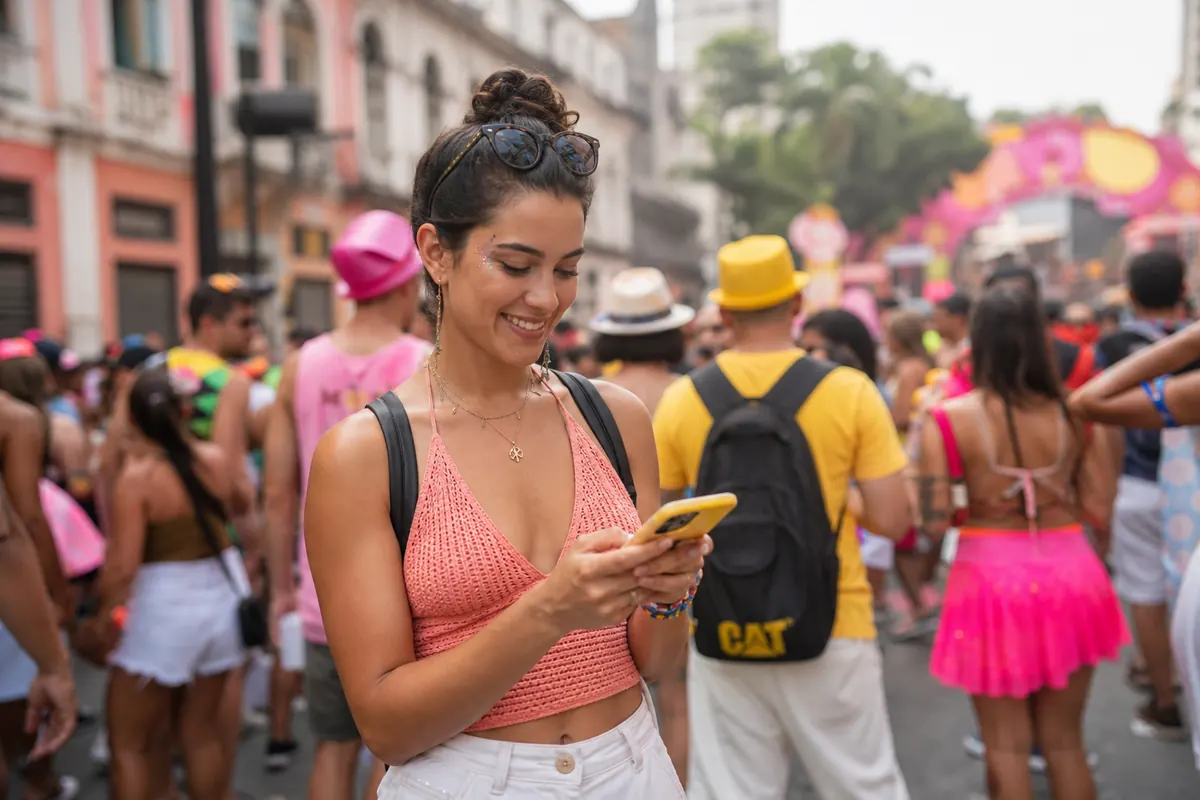 Traveler connected with their smartphone in the heart of the Rio carnival.