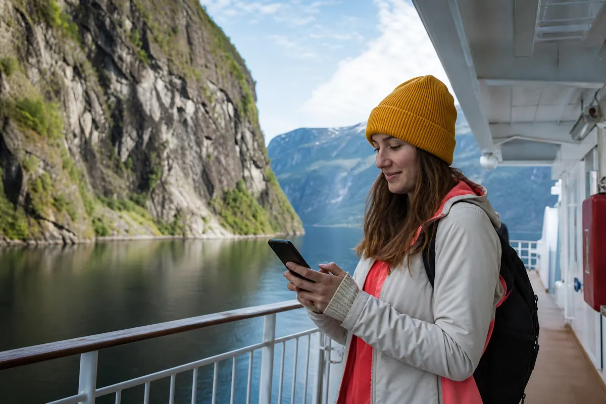 Voyageur connecté sur son smartphone en croisière dans les fjords norvégiens.