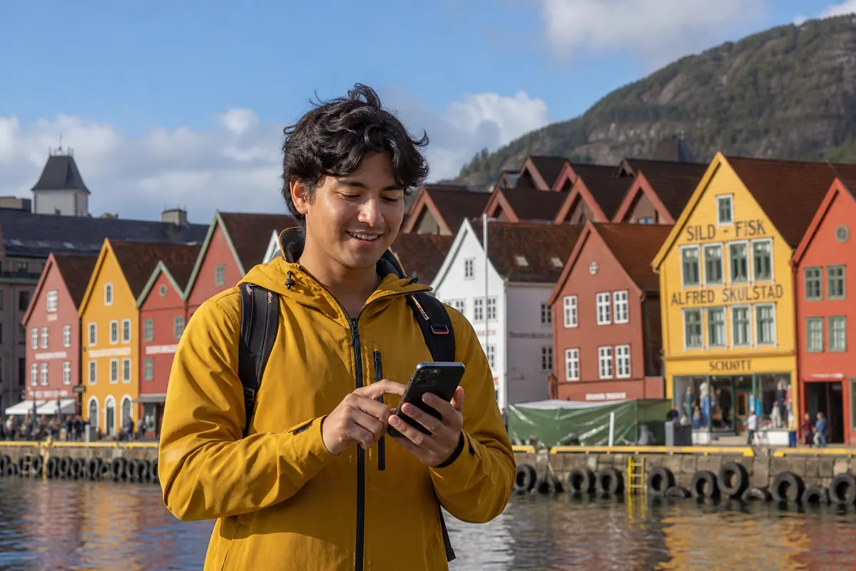 Voyageur activant sa connexion sur smartphone au port de Bryggen à Bergen.