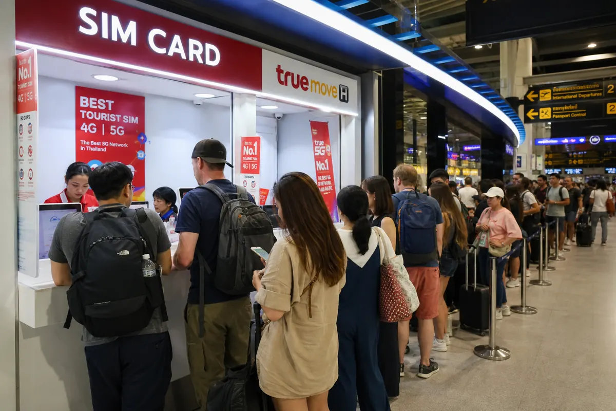Une file d'attente longue devant un kiosque de vente de cartes SIM dans un termi