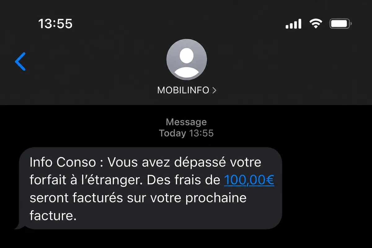 Capture d'écran d'un SMS d'alerte de hors forfait à 100 euros d'un opérateur mob