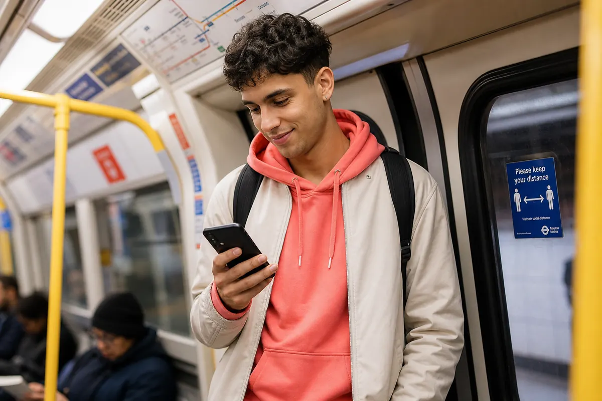 Student looking at their phone on the London Underground with a 4G connection.