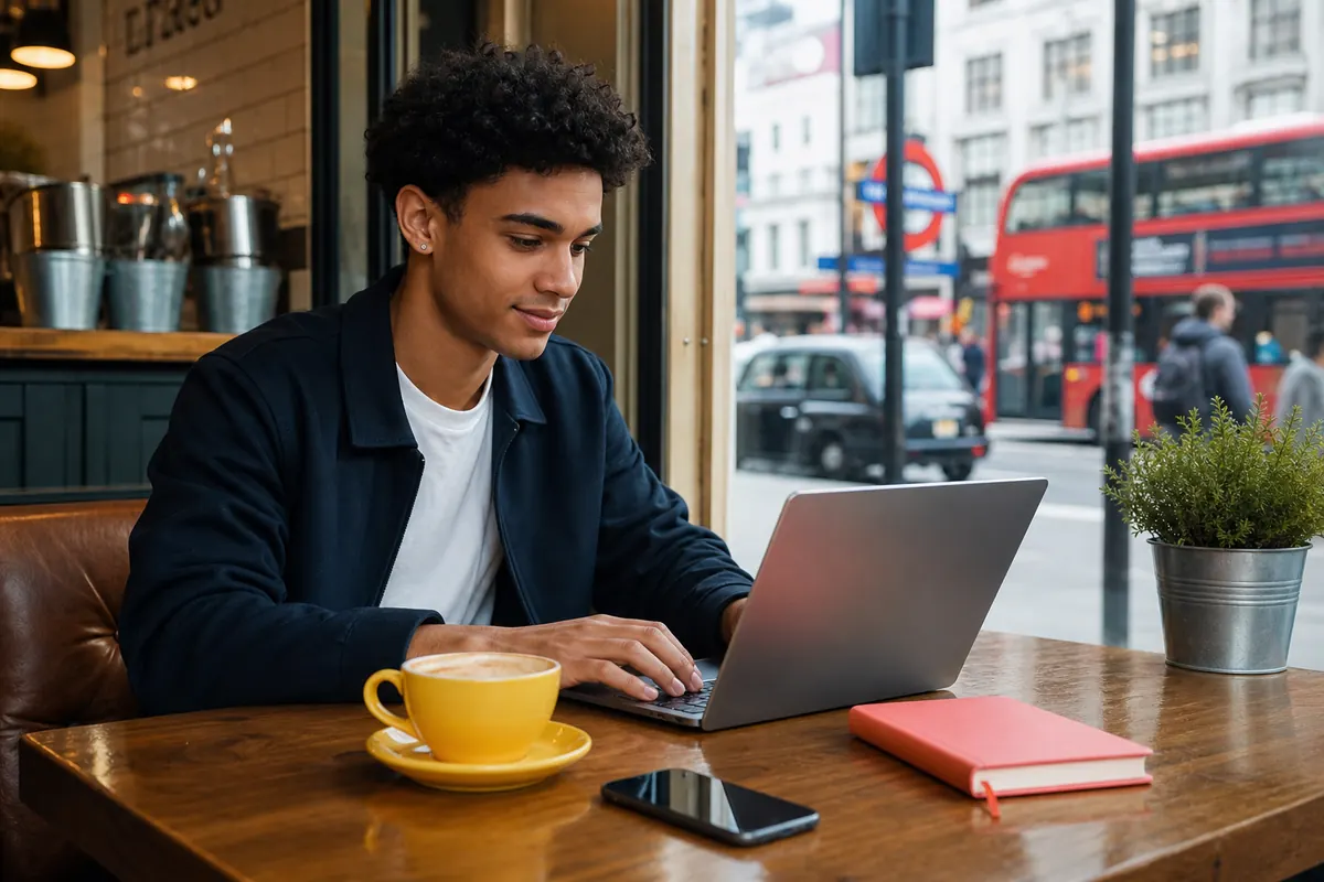 Student using mobile hotspot on a laptop in a London cafe.