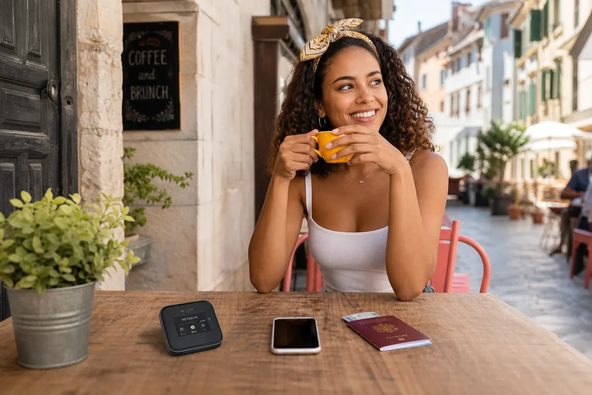 Boîtier pocket wifi, smartphone et passeport sur une table de café