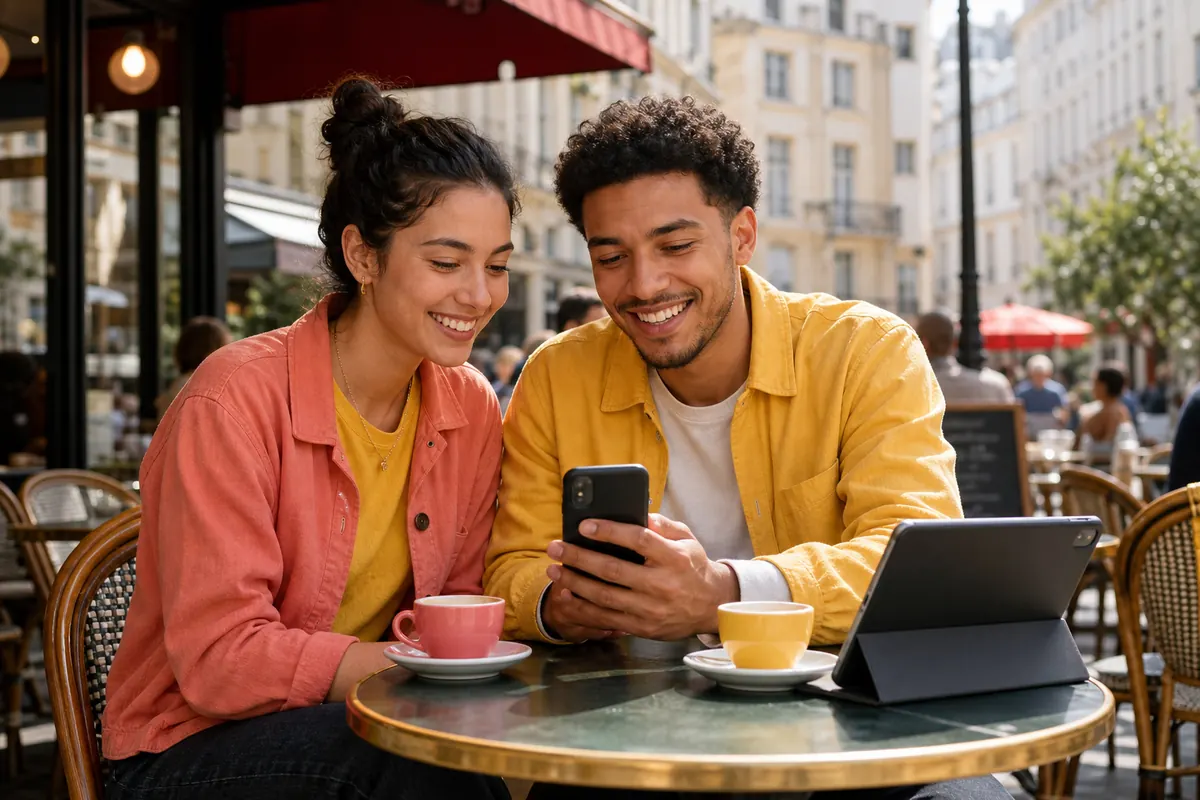Couple de voyageurs profitant du partage de connexion internet en terrasse.