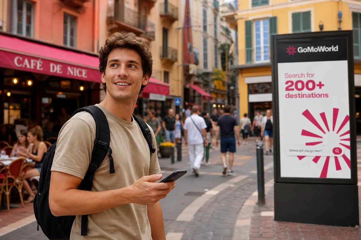 Voyageur consultant son smartphone pour démarrer son forfait internet en voyage.