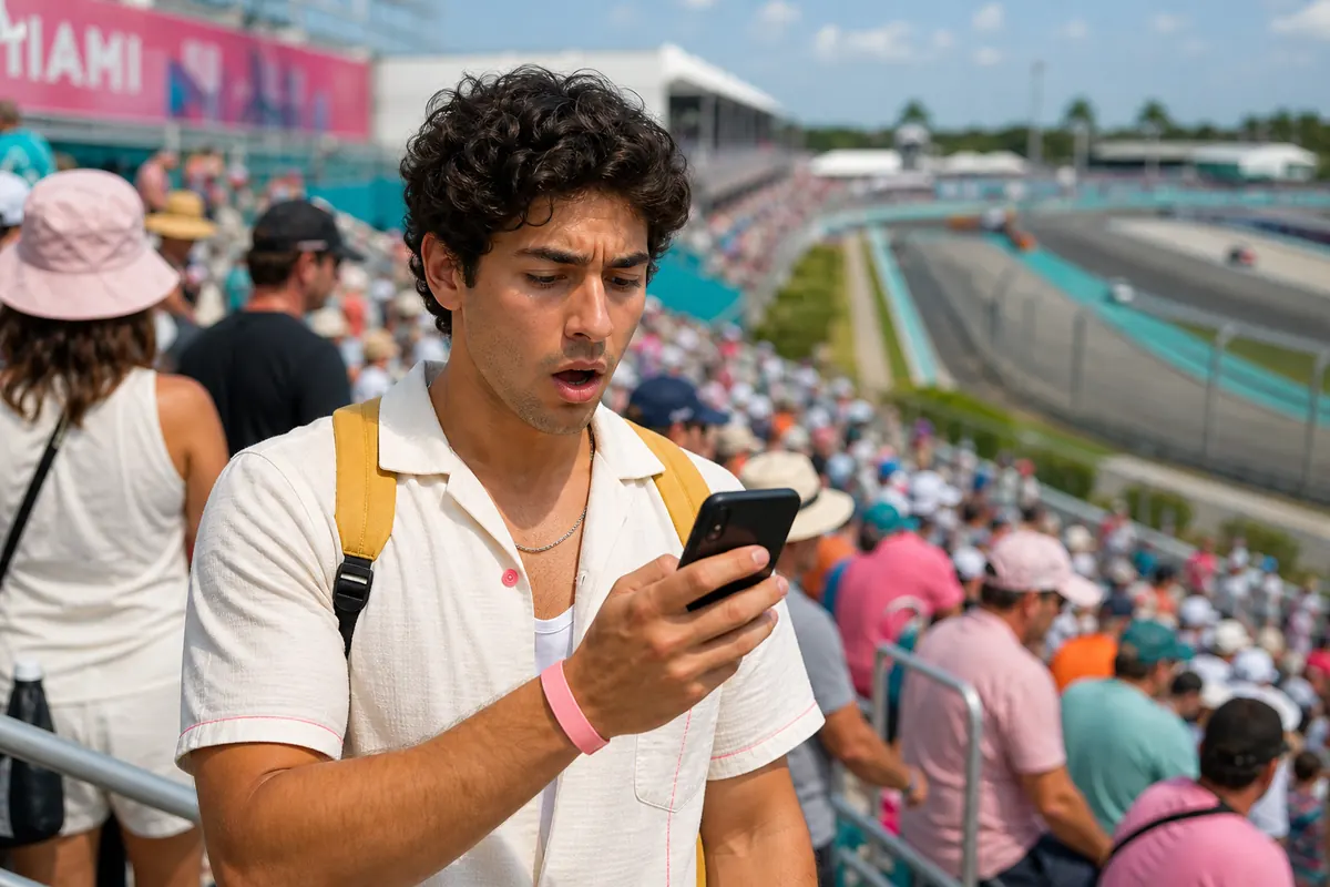 Worried traveler looking at their smartphone on a race track in Miami.