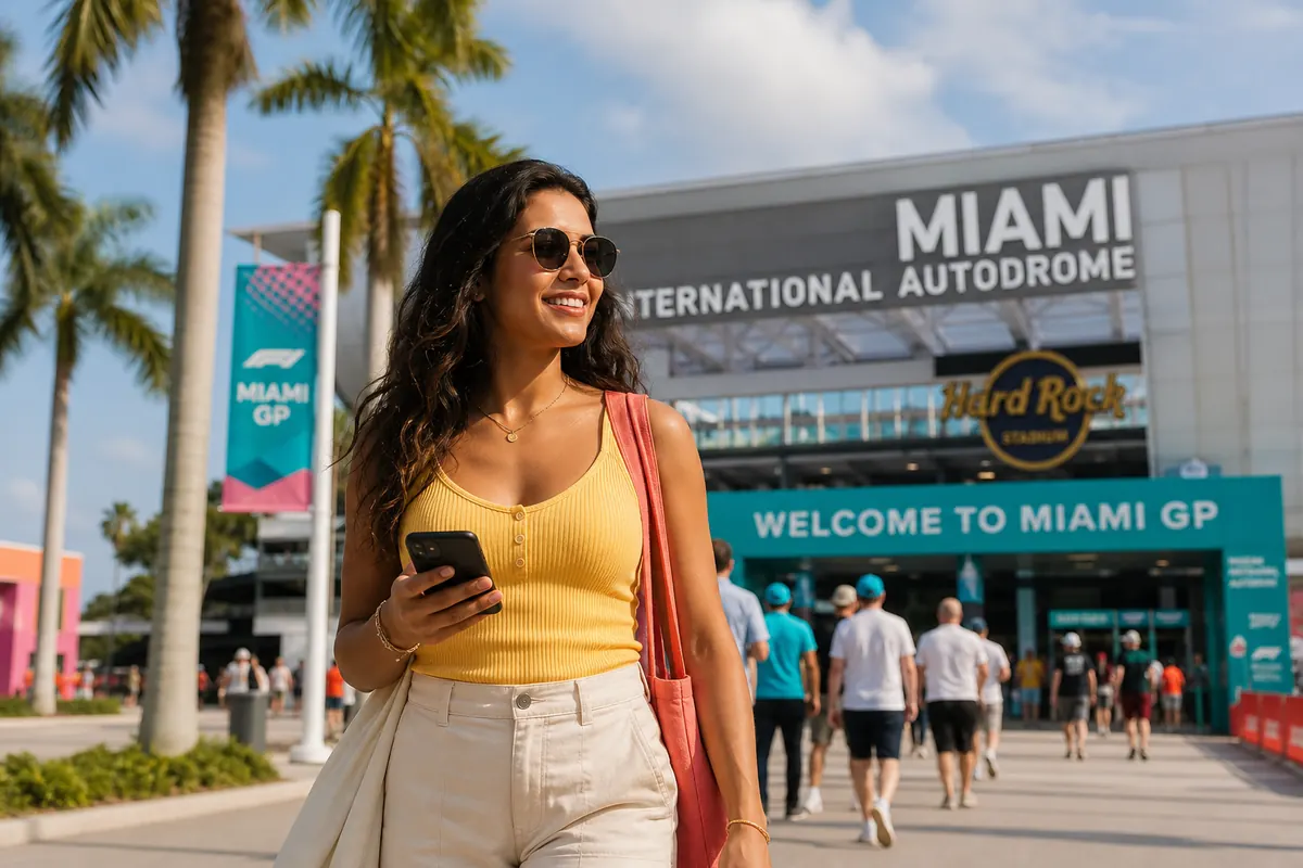 Smiling traveler with smartphone in front of the Miami Grand Prix entrance.
