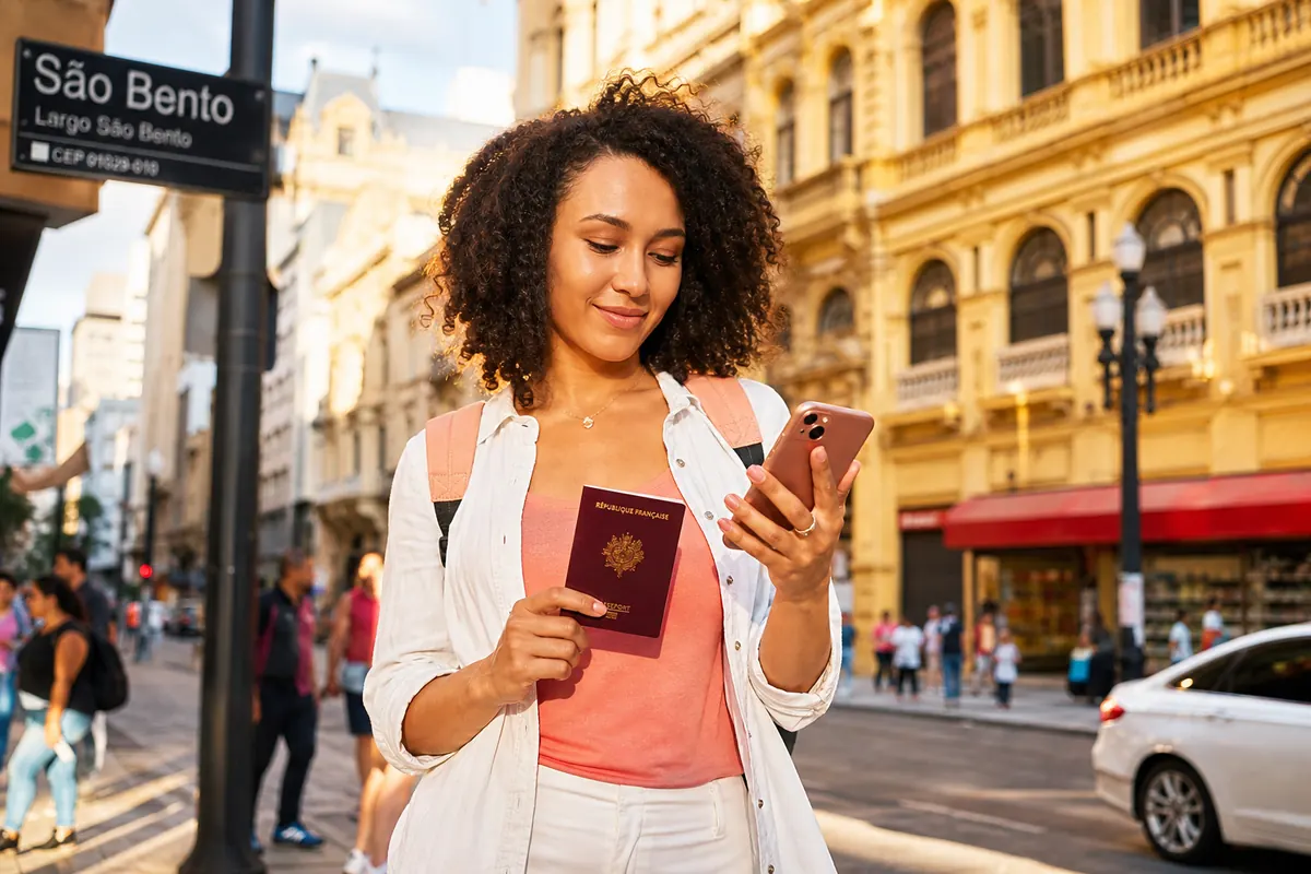 Jeune voyageur avec passeport français utilisant son smartphone à São Paulo.