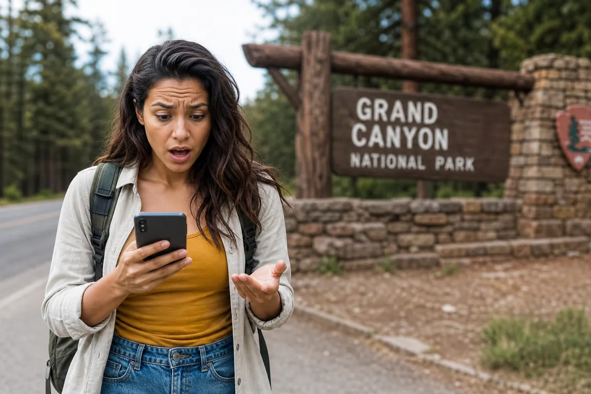 Traveler looking at their smartphone with surprise at the Grand Canyon.