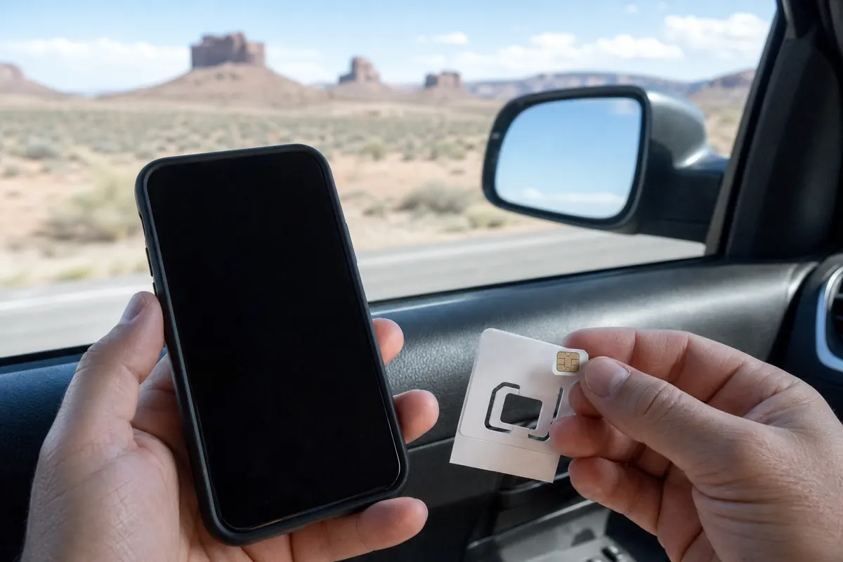 Pocket WiFi device on a camping table in an American forest.