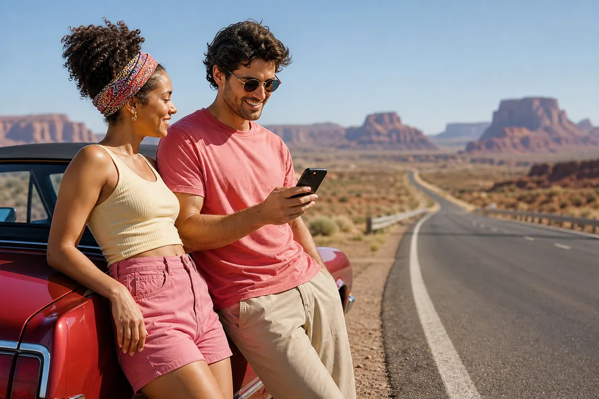 Travelers using their smartphone without stress during a road trip in the United States.
