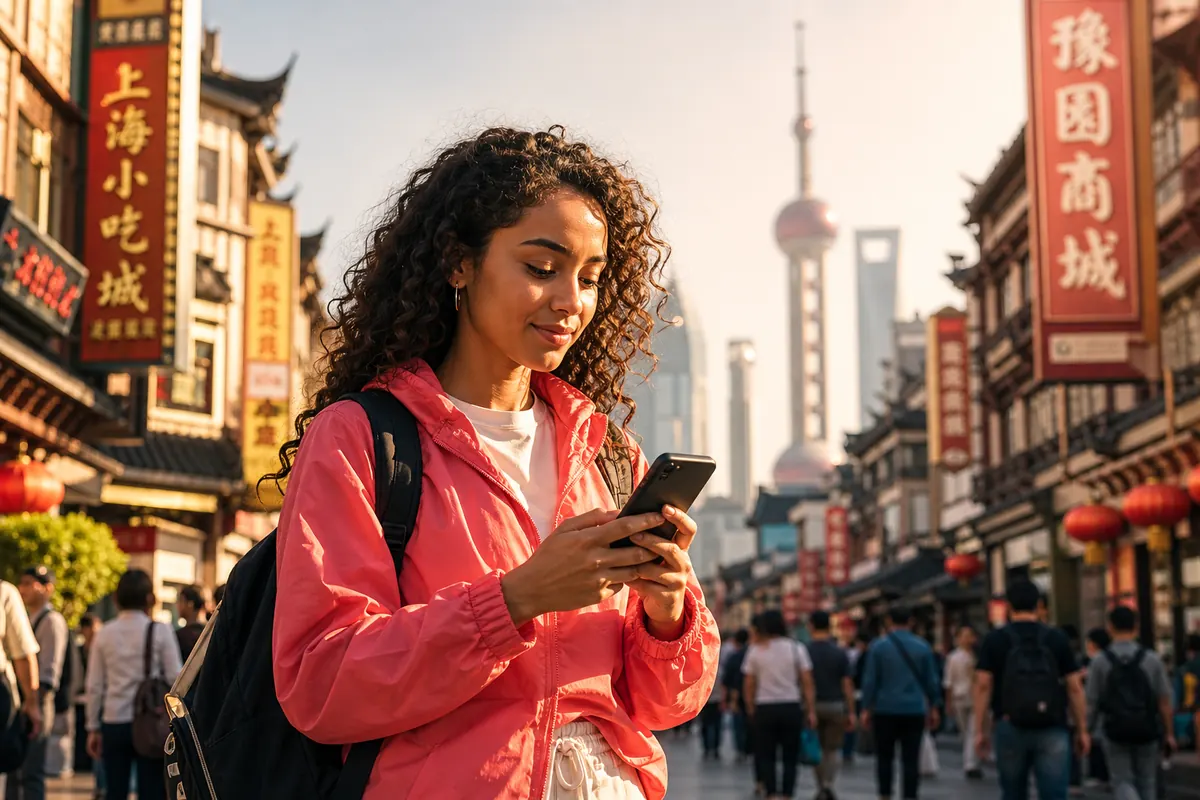 Voyageur consultant son smartphone pour s'orienter dans une ville chinoise.