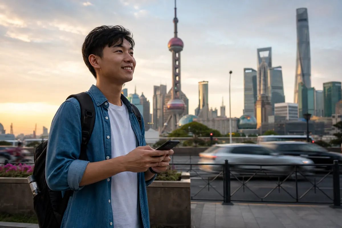 Voyageur détendu utilisant son smartphone en Chine grâce à une eSIM.
