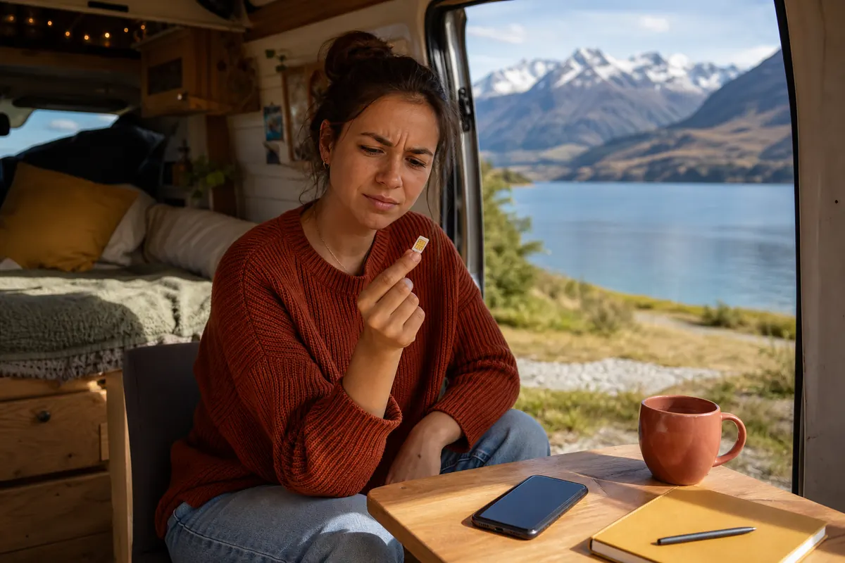Voyageur tenant une carte SIM physique dans un van en Nouvelle-Zélande.