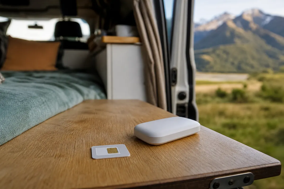 Voyageur en road trip utilisant une eSIM sur smartphone en Nouvelle-Zélande