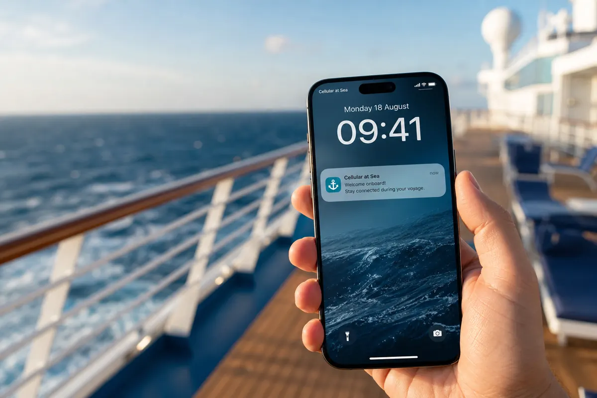 Un smartphone affichant le réseau "Cellular at Sea" avec une notification de l'o