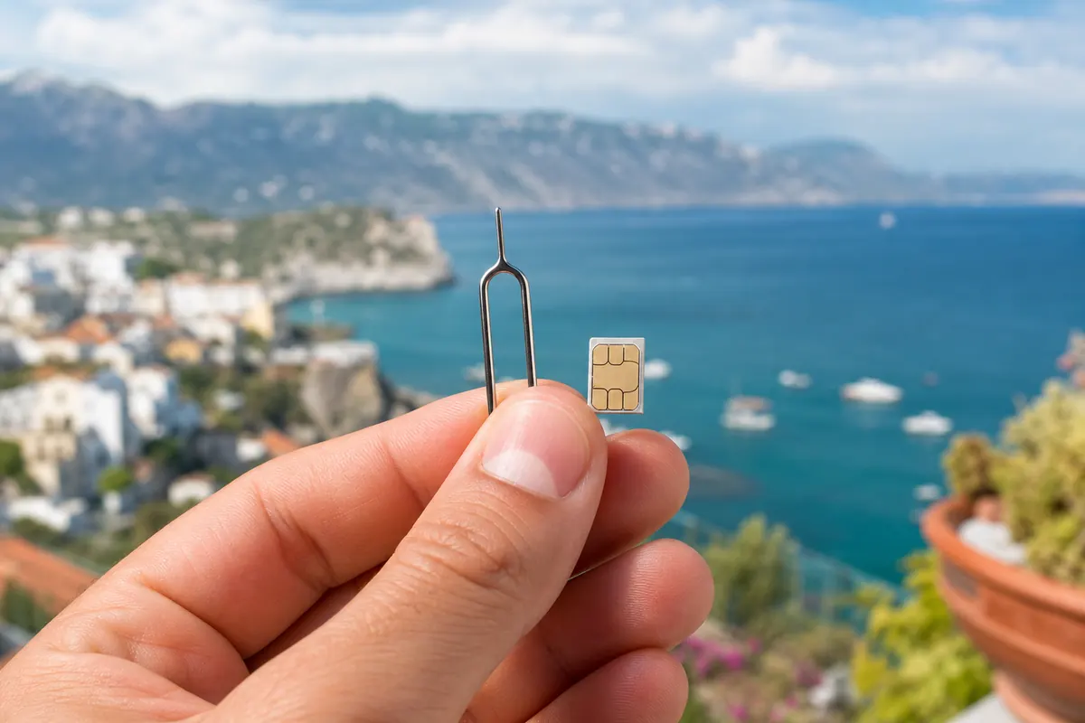 Une main tenant un outil d'éjection de carte SIM et une minuscule puce Nano-SIM