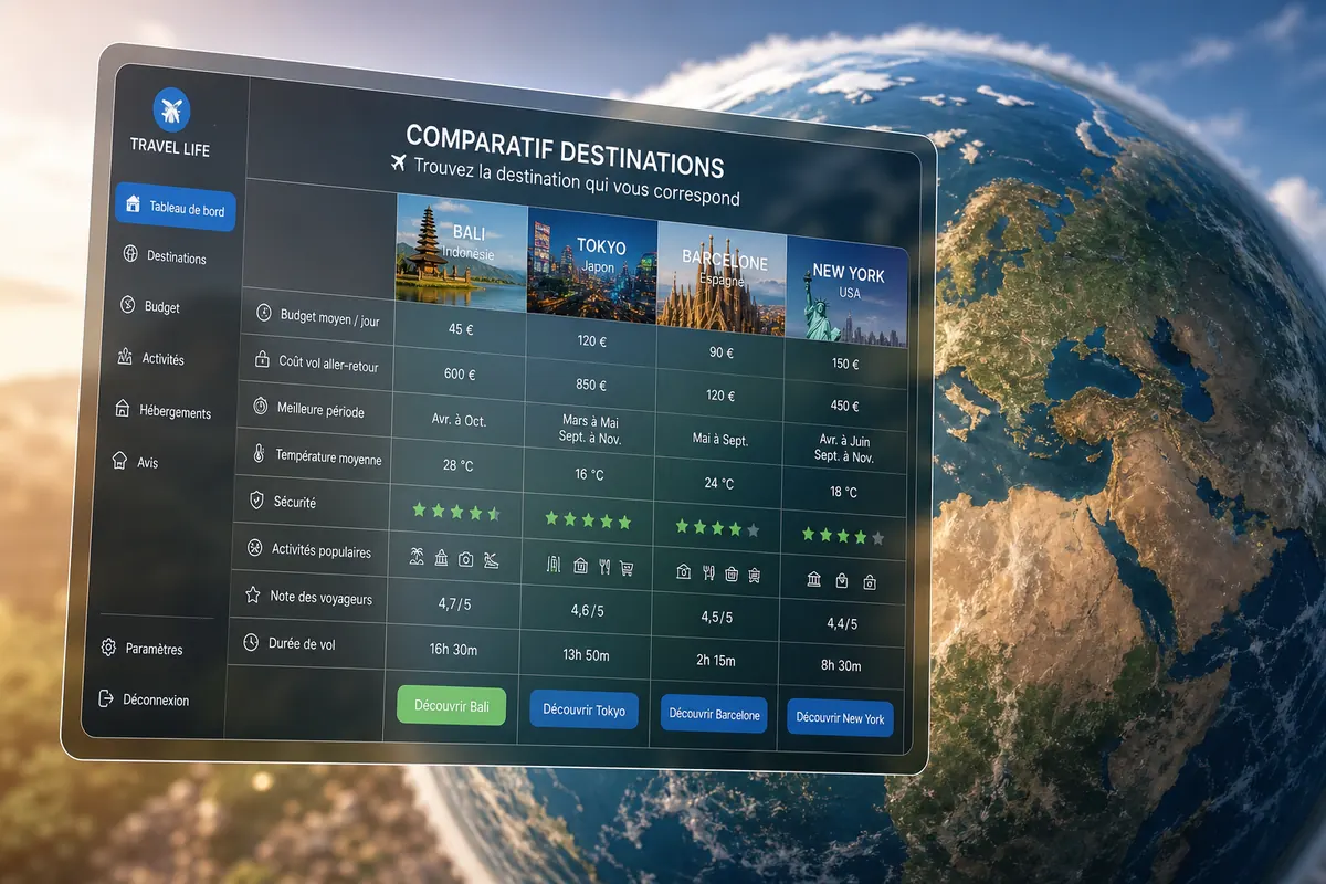 Un tableau de bord comparatif virtuel flottant devant un globe terrestre, mettan