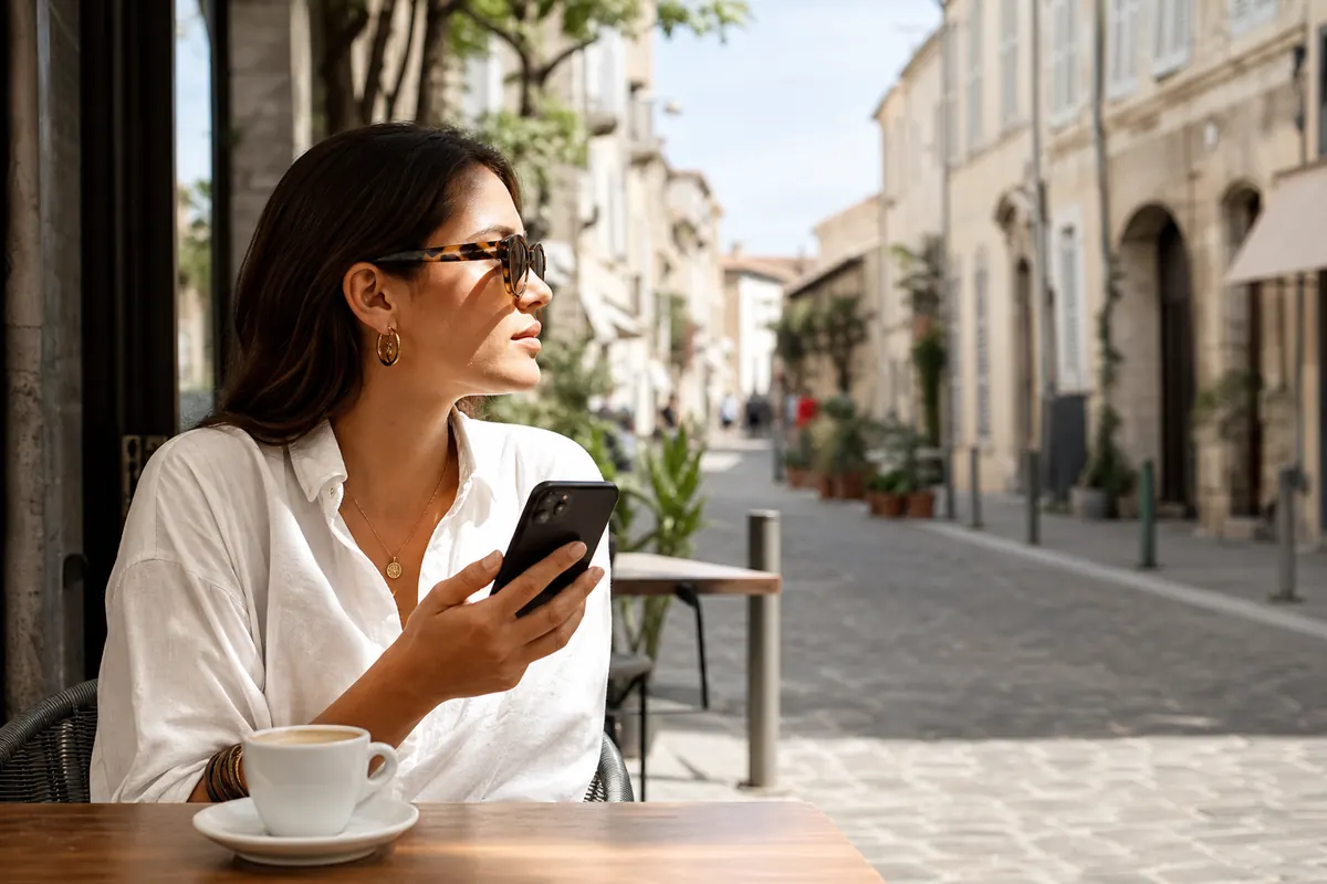 Voyageuse souriante naviguant sur son smartphone à la terrasse d'un café.