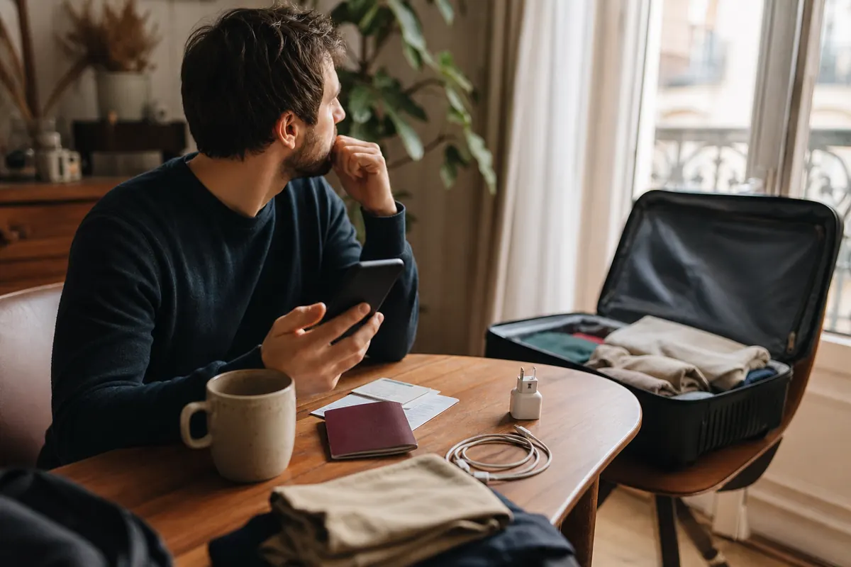 Voyageuse organisant l'activation de son eSIM sur smartphone avant le départ.