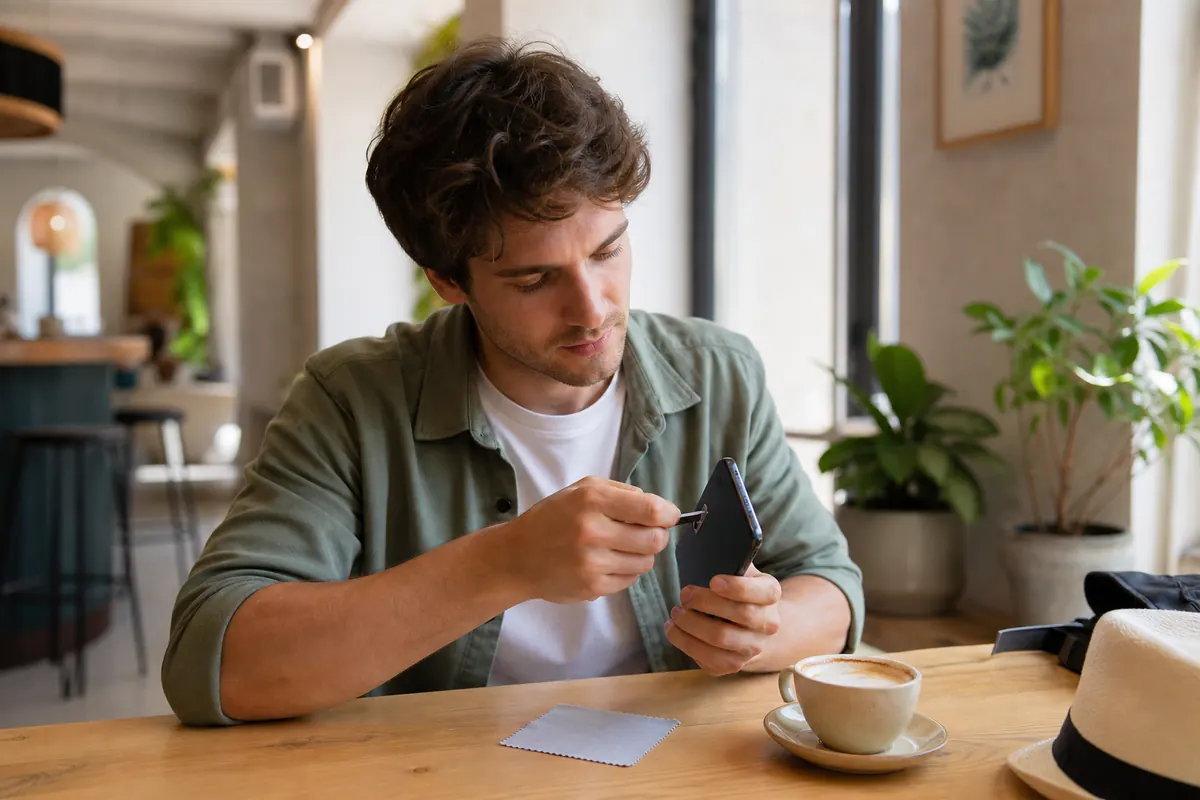 Voyageur éjectant le tiroir SIM de son smartphone pour le nettoyer.
