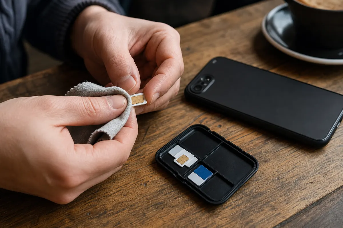 Voyageur détendu utilisant une application eSIM sur son smartphone à l'étranger.