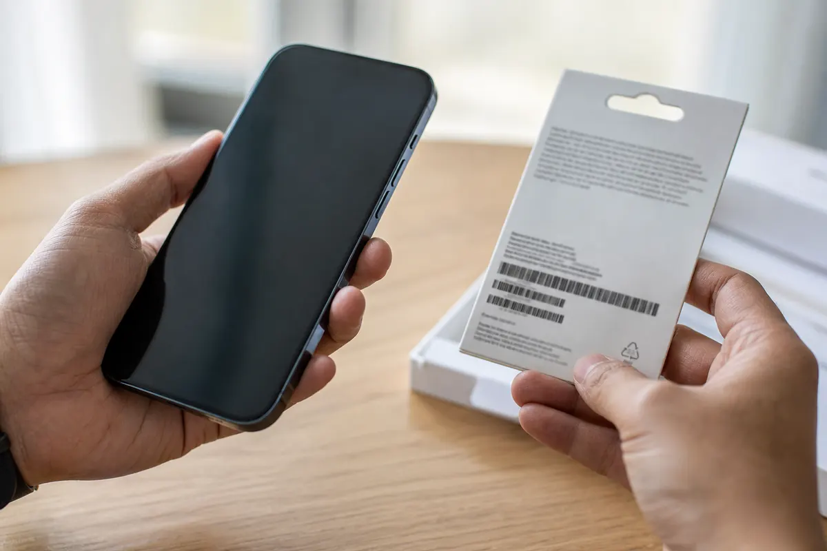 Traveler checking their smartphone eSIM configuration at the airport.