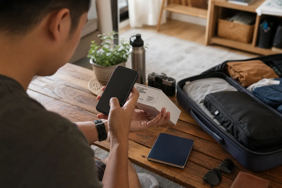 Smiling traveler in a train setting up their eSIM plan on a smartphone.