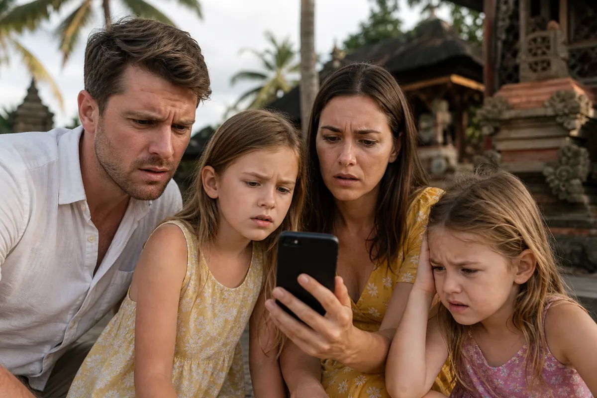 Groupe de voyageurs partageant une connexion internet mobile en Indonésie.