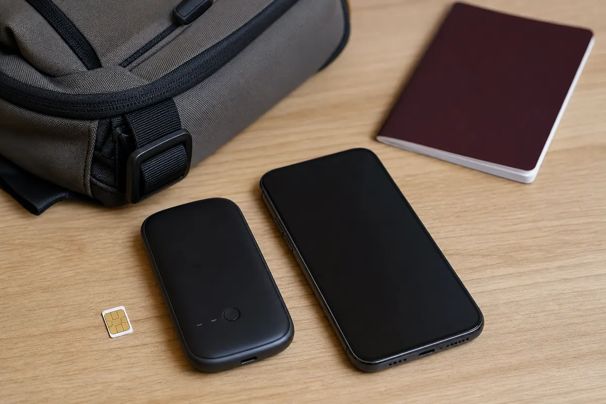 Parent et adolescent regardant un smartphone avant leur voyage en Indonésie.