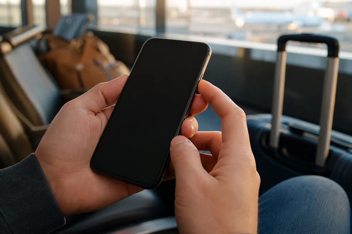 Traveler resetting their phone's network connection in an airport terminal.