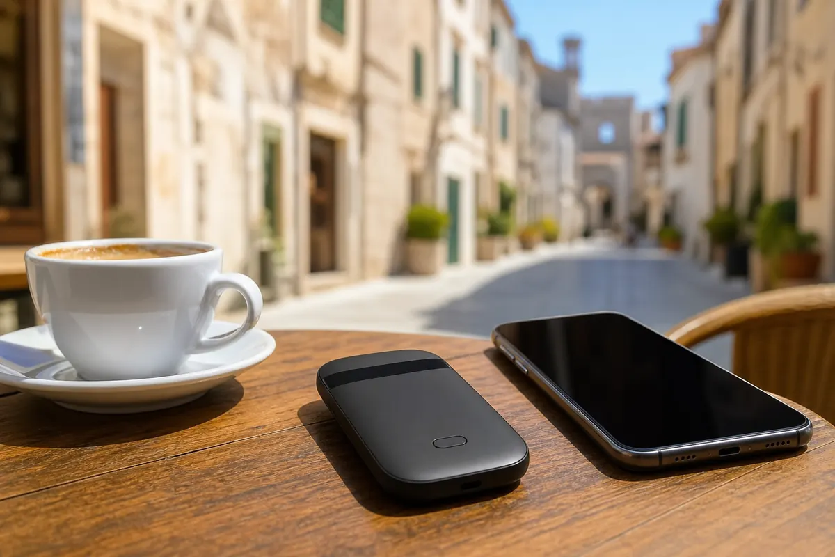 Boîtier pocket WiFi et smartphone sur une table en vacances.