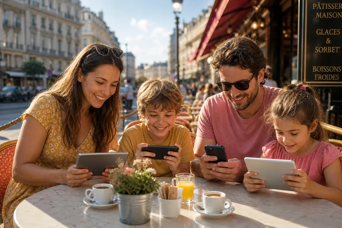 Famille connectée en voyage grâce au partage de connexion d'un smartphone.