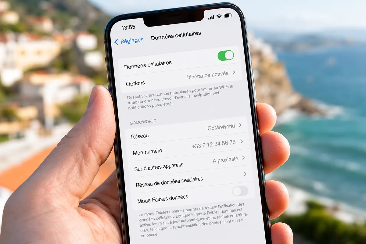 Un plan rapproché sur les paramètres réseau d'un iPhone montrant le bouton 'Donn